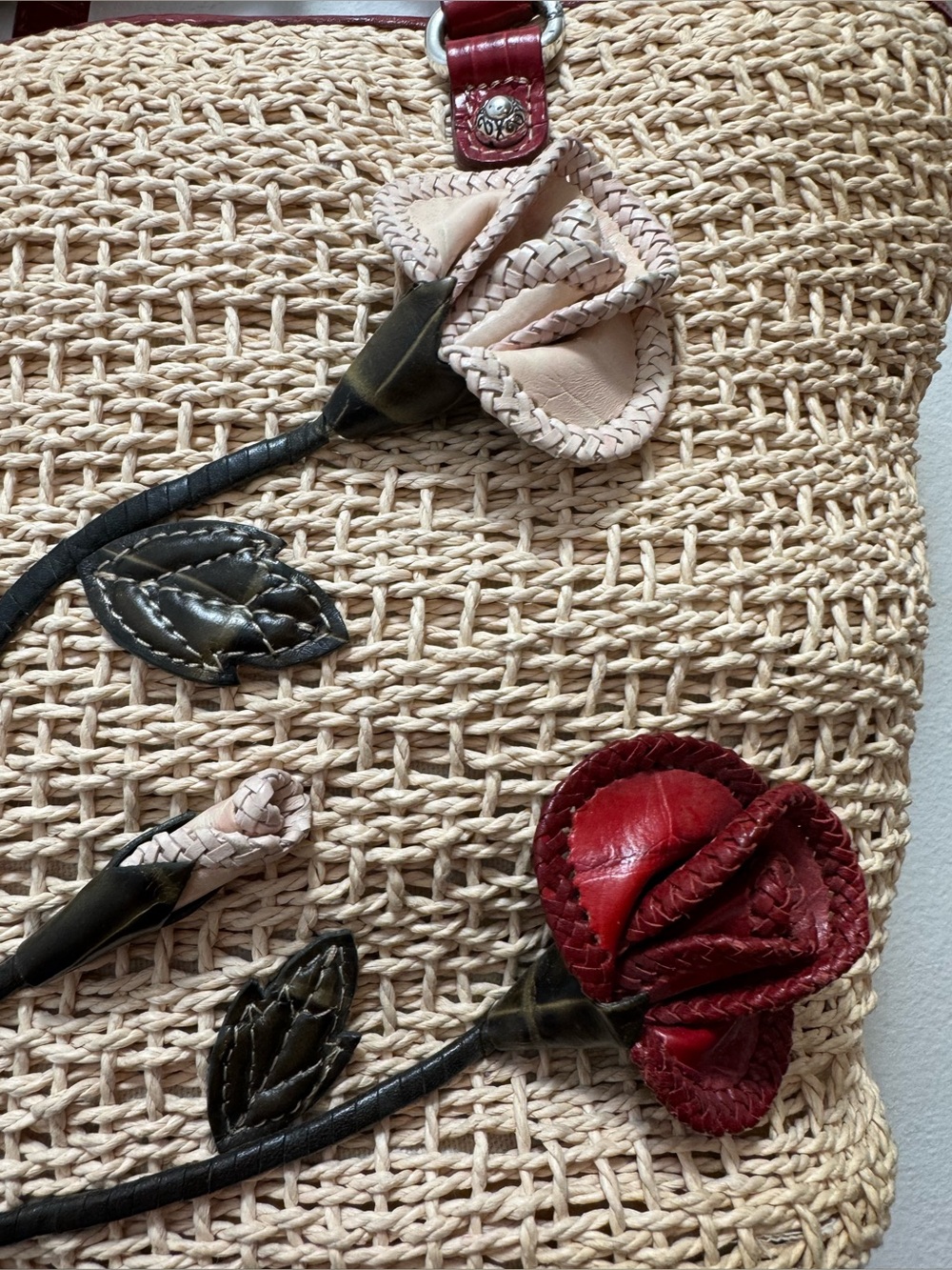 BRIGHTON Beverly Straw Floral Handbag/Tote Deep Red Leather Bag Heart Detail - Picture 3 of 10